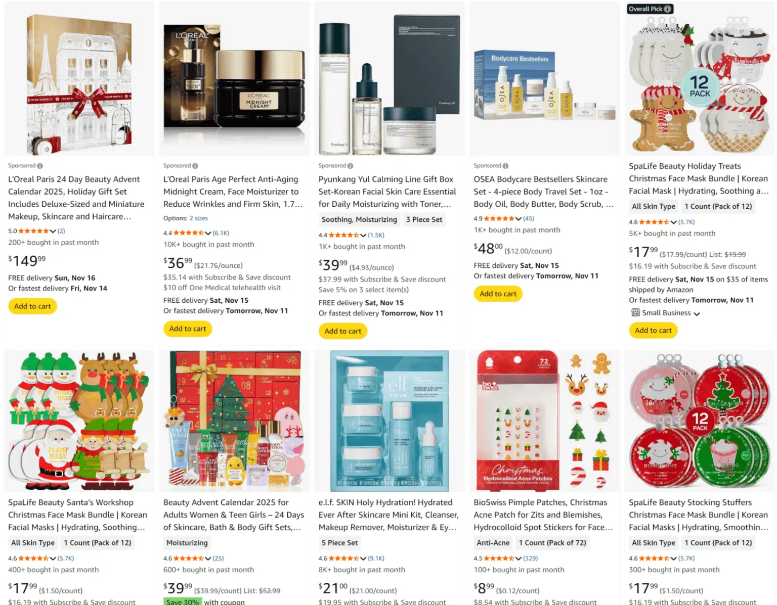 A grid of skincare and beauty product gift sets for sale.