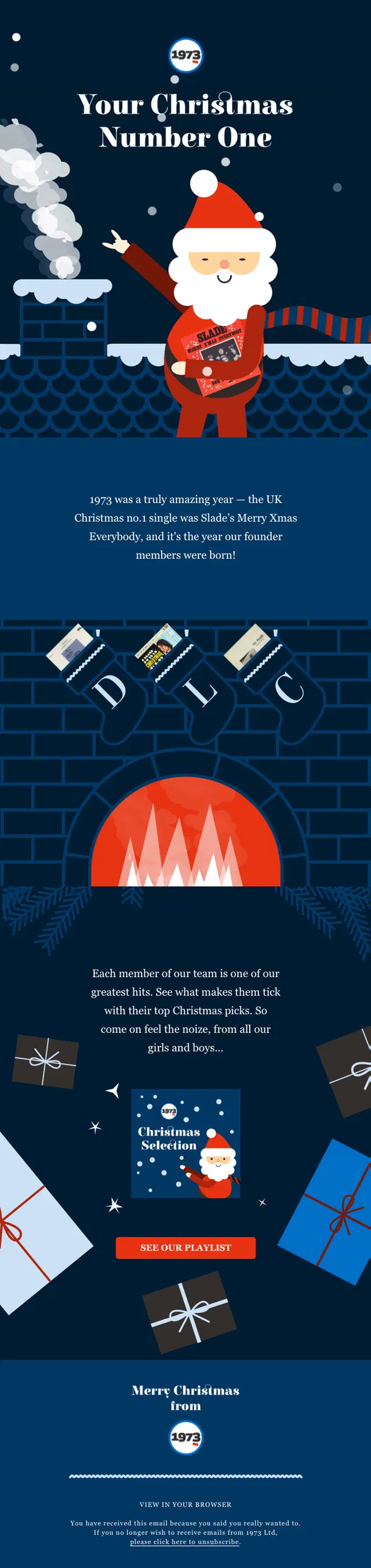 Christmas email from 1973 Ltd featuring an illustration of Santa, stockings on a fireplace, and a playlist link.