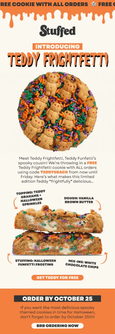 Promotional email for Teddy Frightfetti cookies, showing a whole cookie topped with teddy grahams and Halloween sprinkles.