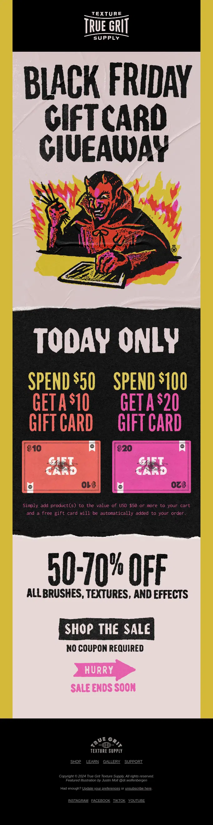Black Friday email offering gift cards for purchases and 50-70% off brushes, textures, and effects. 