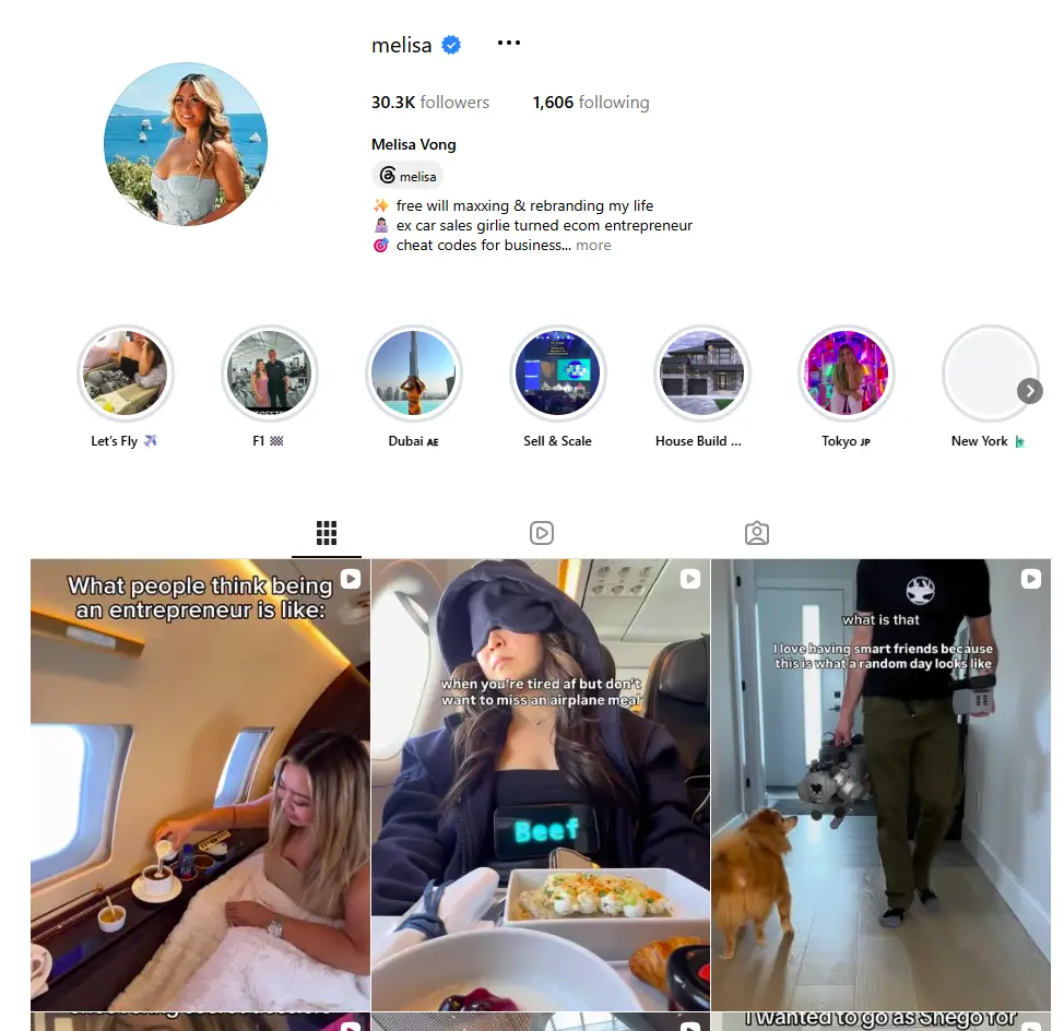 Instagram profile page for Melisa Vong, showing her bio, story highlights, and a grid of video thumbnails.