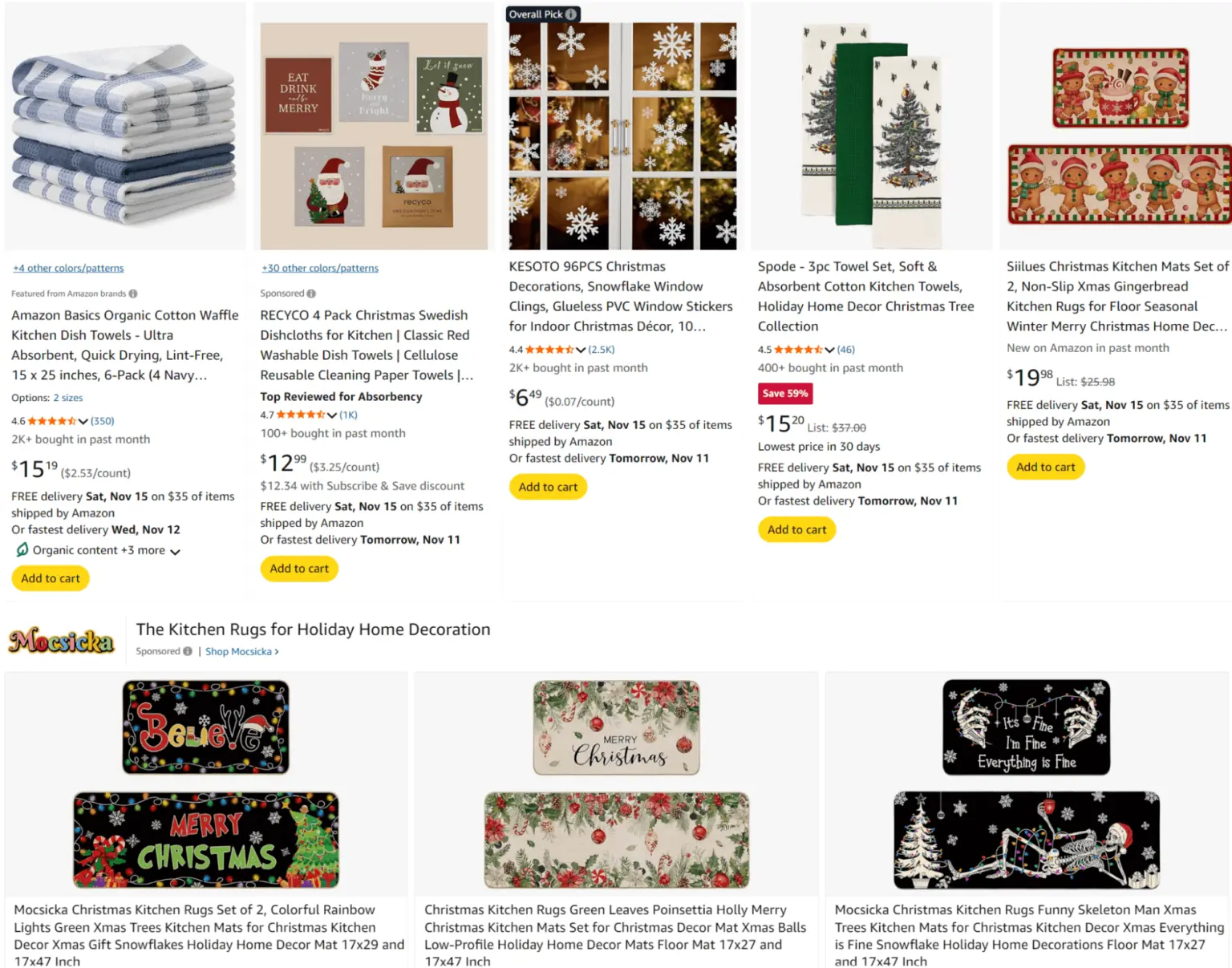 A grid of Amazon search results for Christmas-themed kitchen towels, floor mats, and window decals.