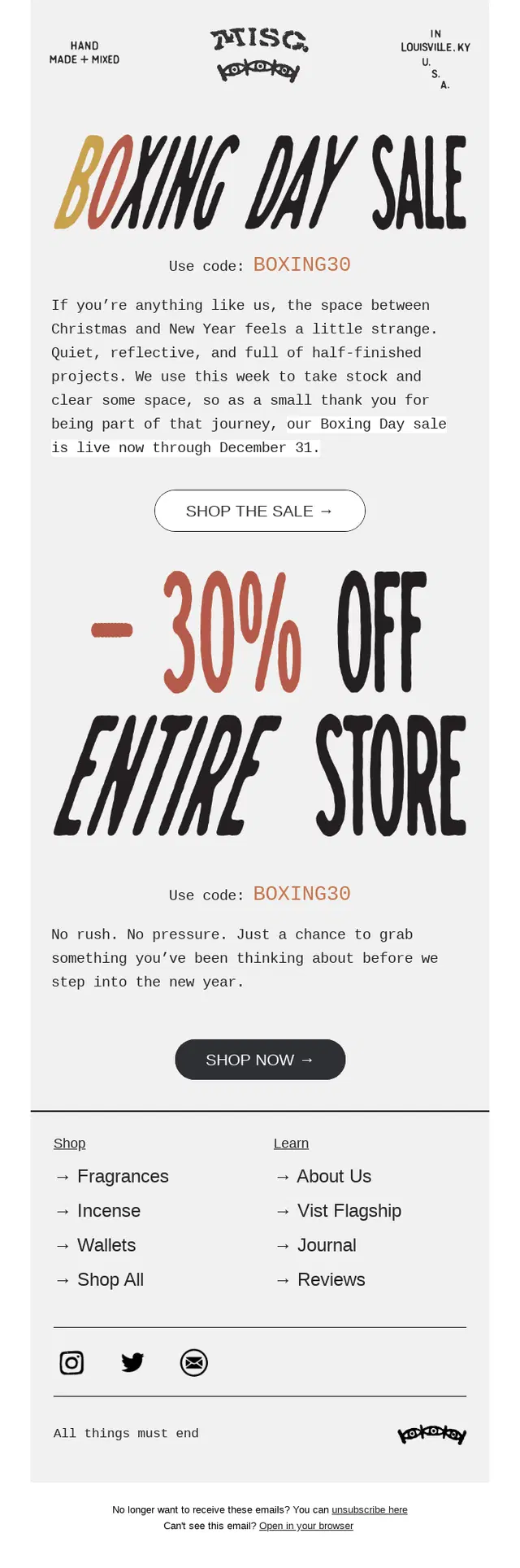 Boxing Day Sale email announcement offering 30% off the entire store with code BOXING30, valid through December 31.