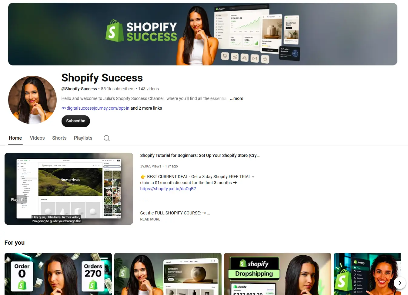 Shopify Success YouTube channel homepage featuring a tutorial video for beginners.