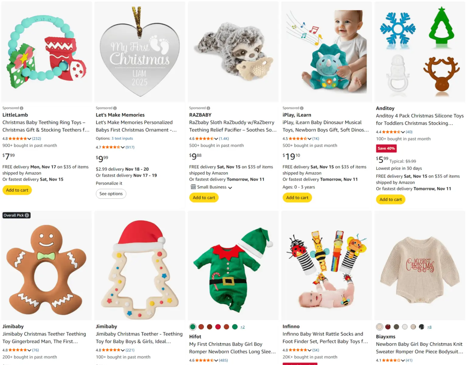 A grid of product listings for baby toys and clothing, including teethers, ornaments, and rompers.