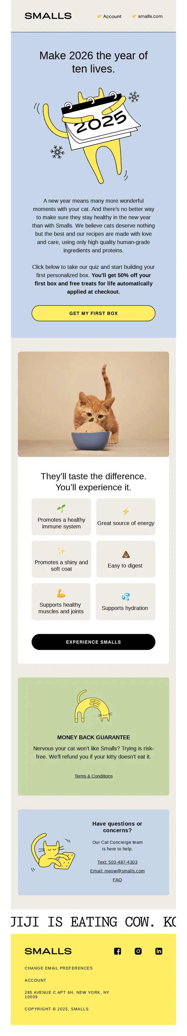 Smalls cat food promotional email featuring a 2026 calendar, a cat, benefits icons, money-back guarantee, and contact info.