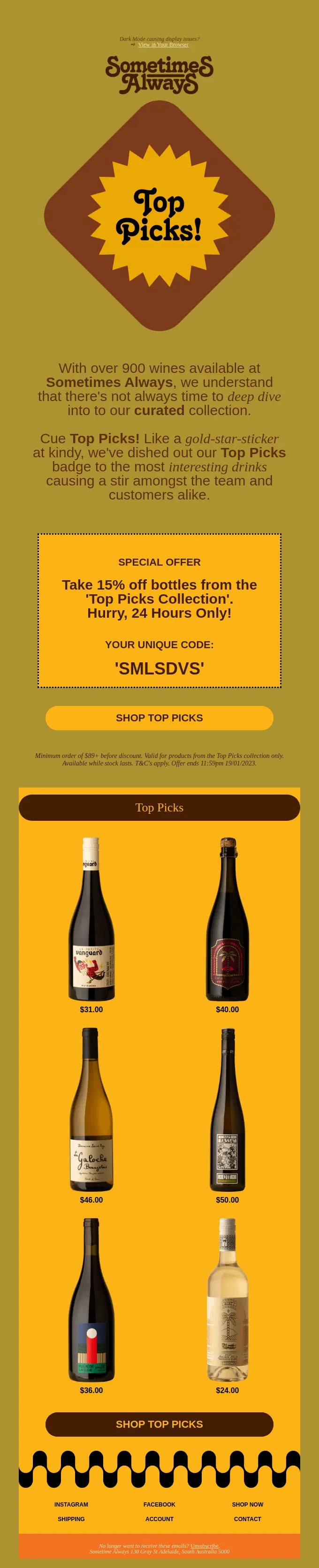 Promotional flyer for Top Picks wine selection, featuring five bottles and a special 15% off offer with discount code.