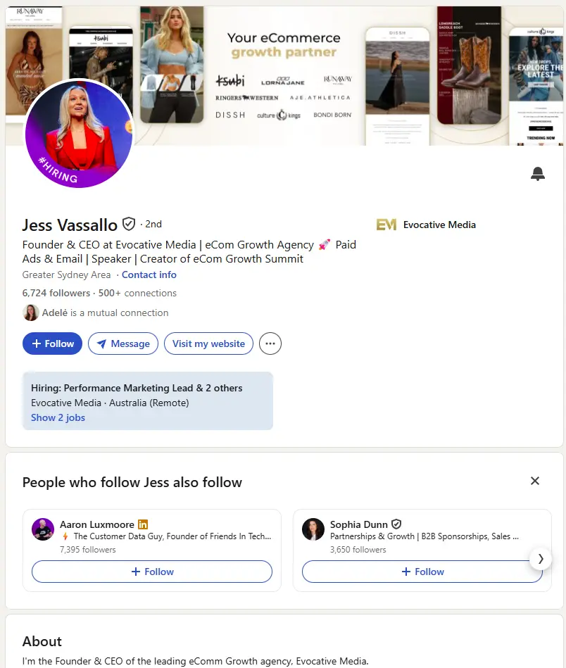 LinkedIn profile page for Jess Vassallo, Founder and CEO of Evocative Media.