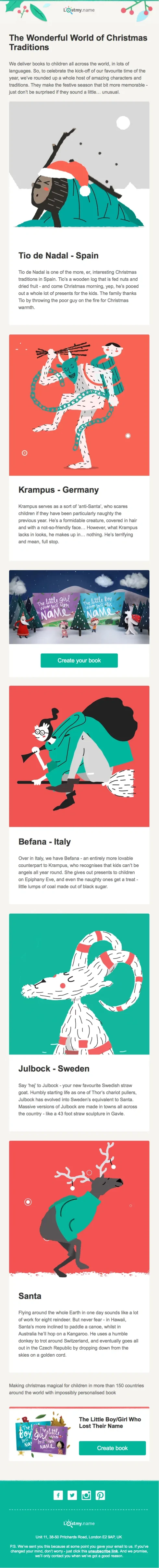 Newsletter illustrating unique Christmas traditions from Spain, Germany, Italy, and Japan with festive holiday graphics.