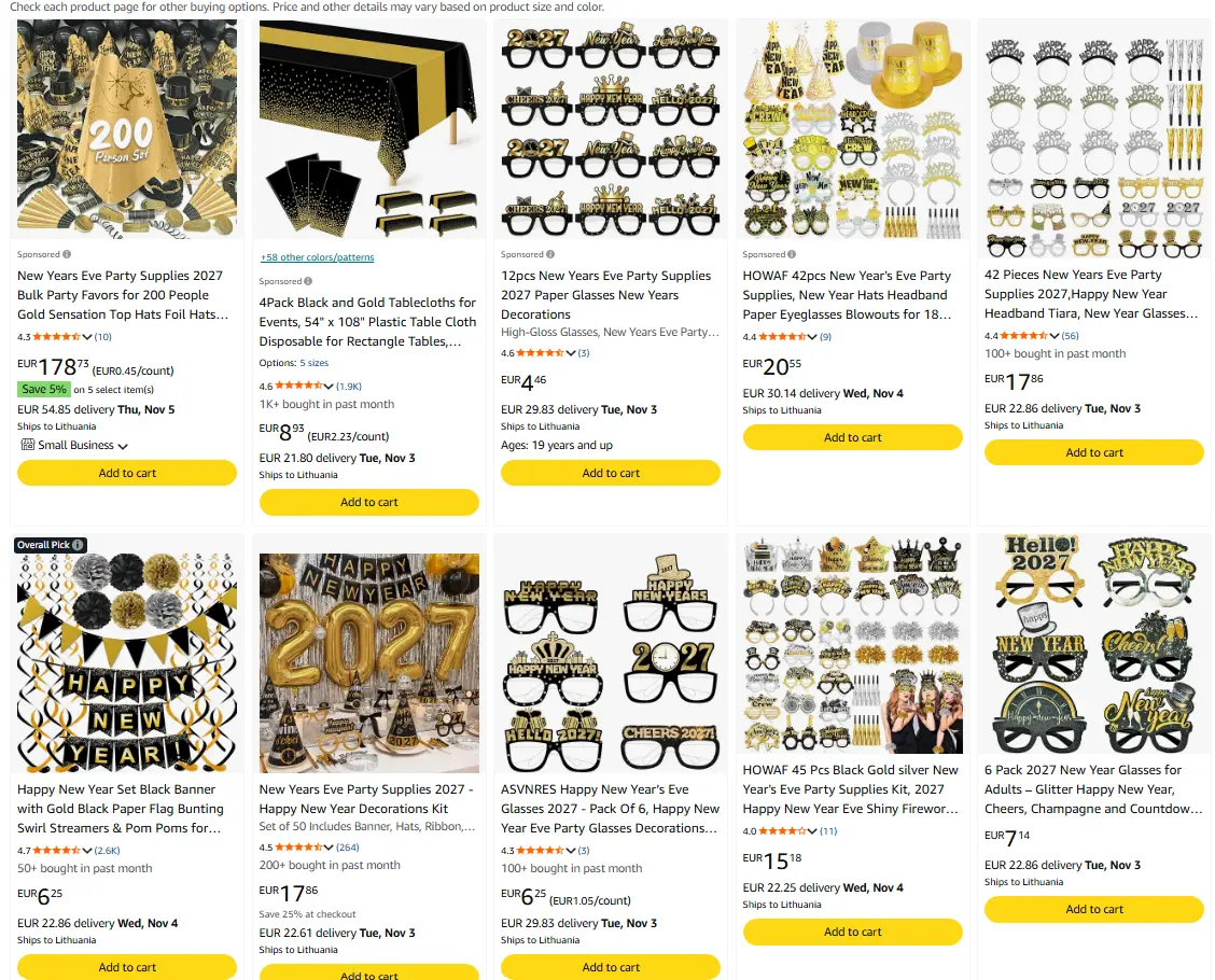 A grid of New Years Eve party supplies and decorations displayed in an online shopping grid.