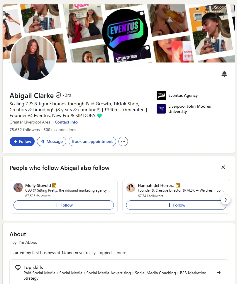 LinkedIn profile page for Abigail Clarke, founder of Eventus Agency, showing her bio, follower count, and connections.