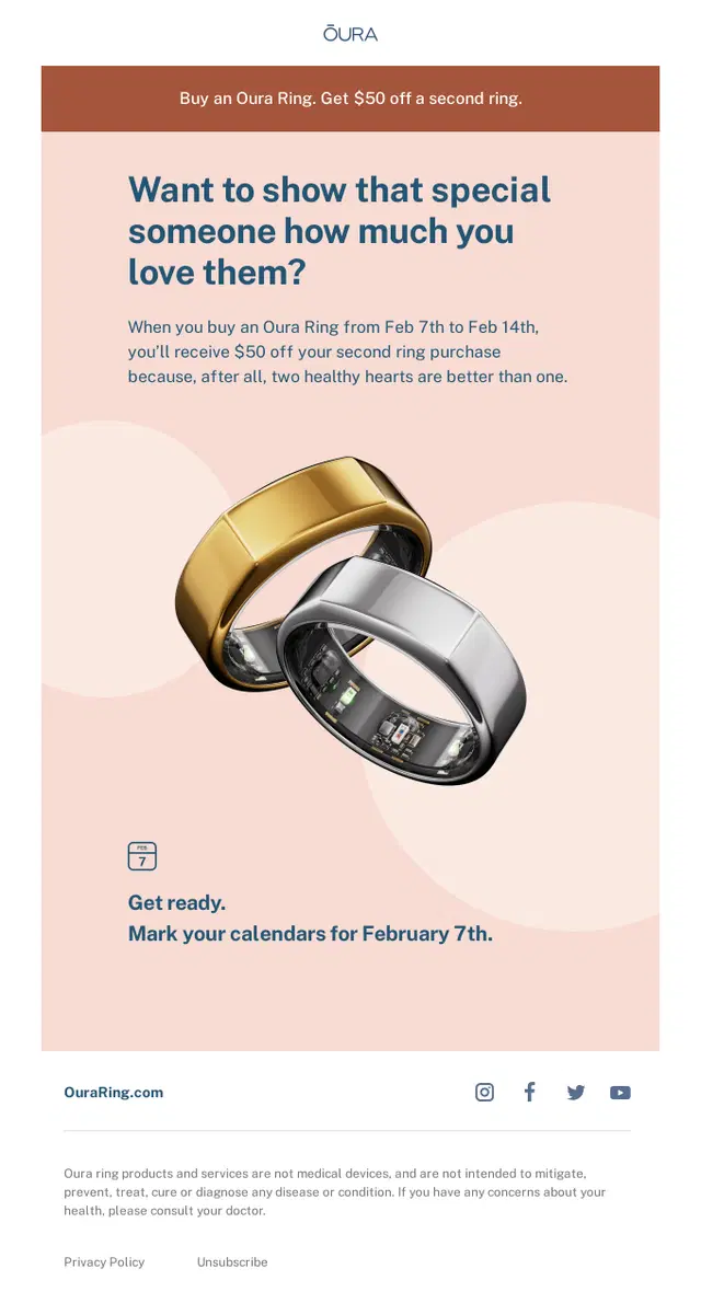 Oura promotional email offering $50 off a second ring for Valentines Day.