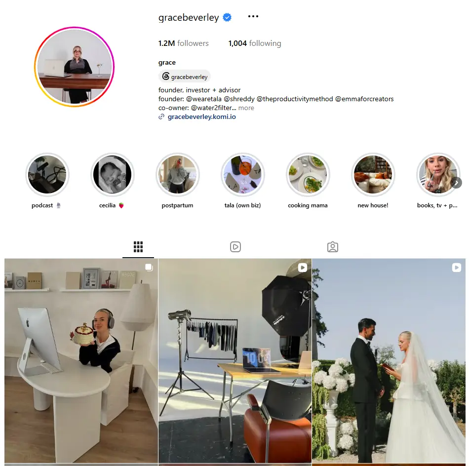 Instagram profile page for Grace Beverley, showing her bio, highlights, and a grid of recent posts.