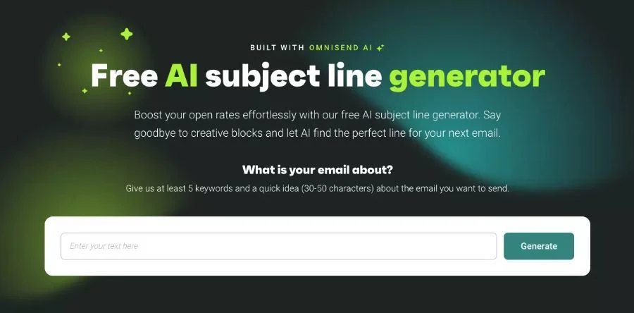 Omnisend AI subject line generator An online tool interface for an AI email subject line generator with an input field and a Generate button.