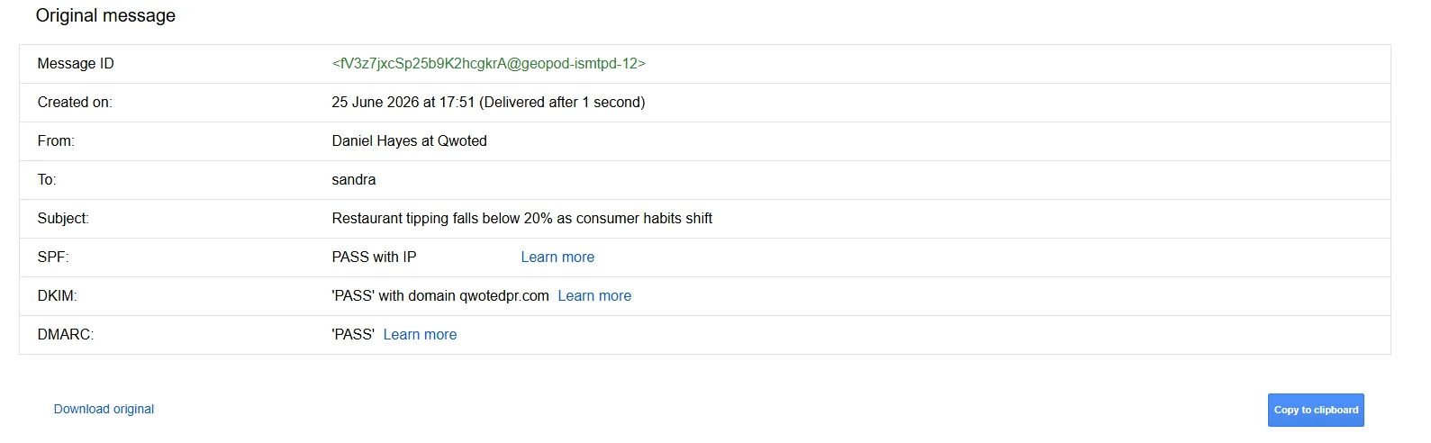 Email header details including message ID, sender Daniel Hayes, and SPF/DKIM/SMARC status.
