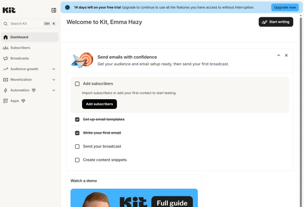 Kit dashboard interface showing a setup checklist for new users including adding subscribers and creating emails.