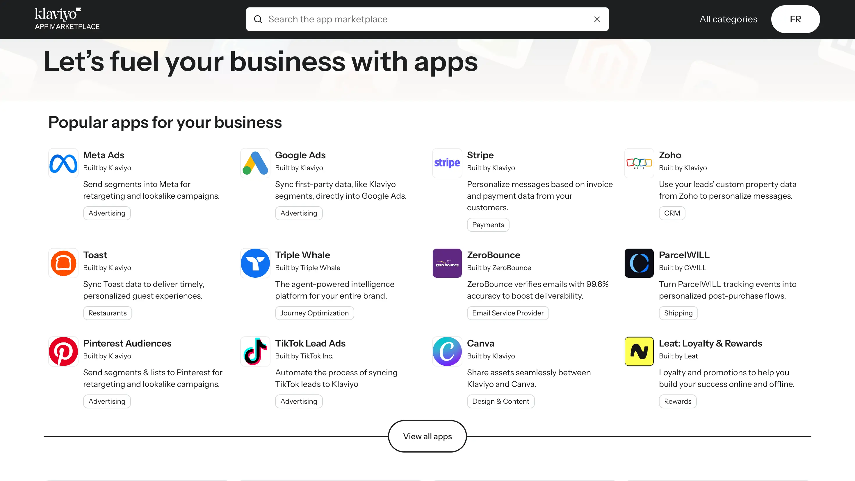 Klaviyo App Marketplace showing popular integrations like Meta Ads, Google Ads, Stripe, Zoho, Canva, and TikTok Lead Ads.