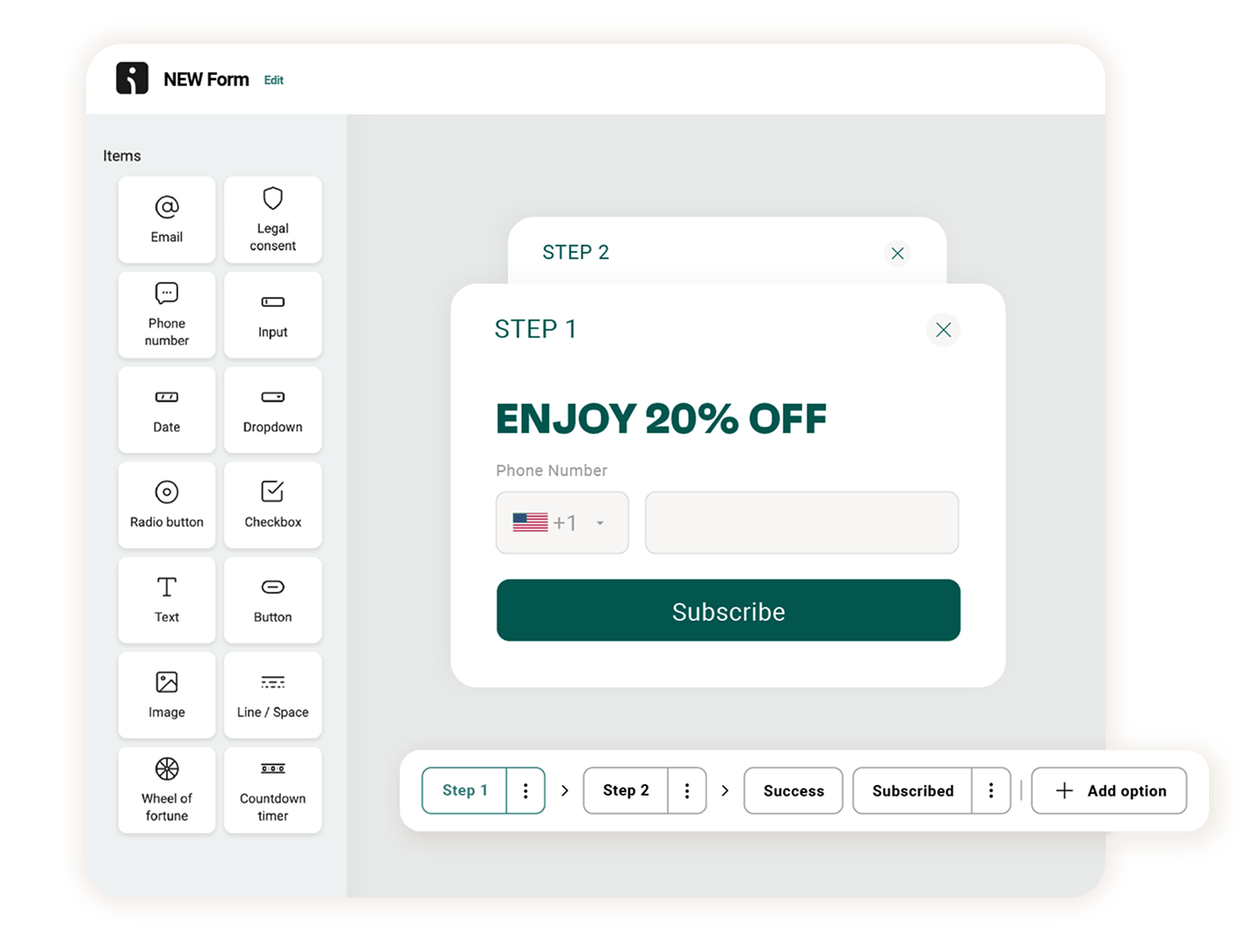 Omnisend forms builder showing a branded welcome popup with an email signup discount offer