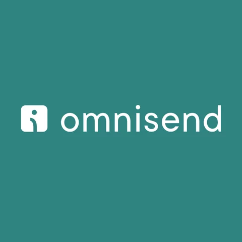 A white logo with the word "Omnisend" written in blue on a blue background