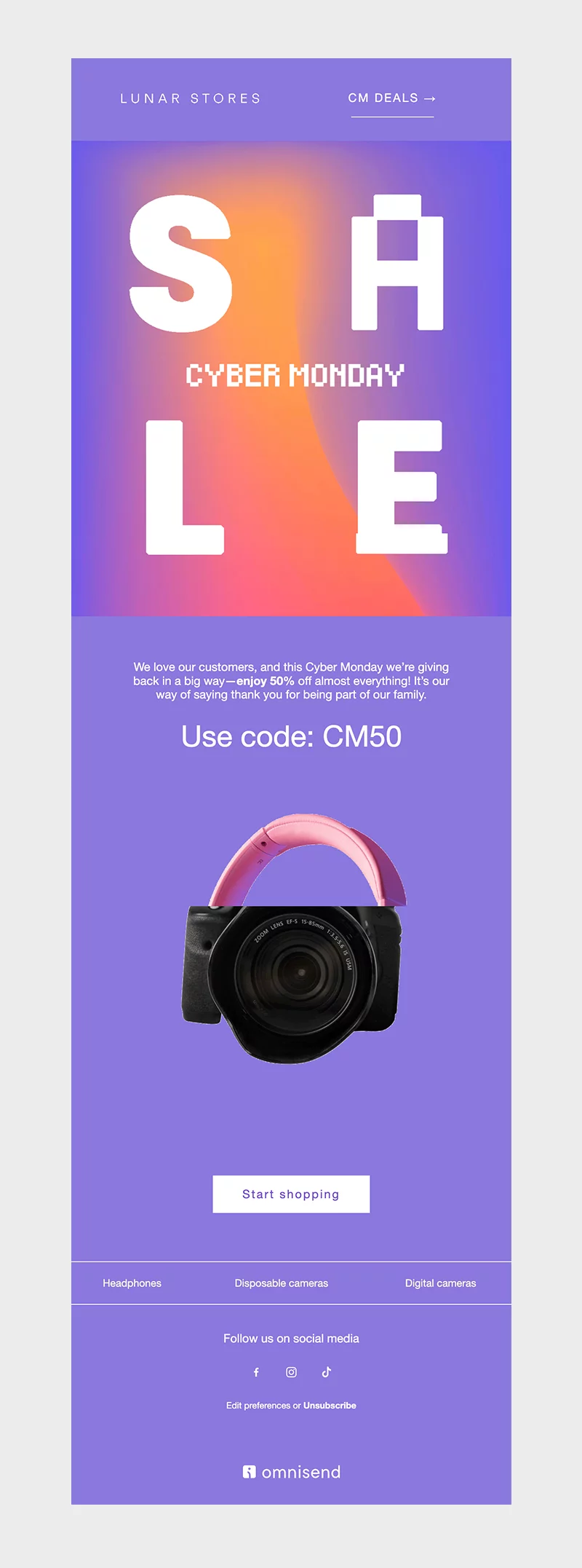 Cyber Monday email template with bold SALE headline on purple gradient background, promo code CM50 for 50% off, and product image of a digital camera.