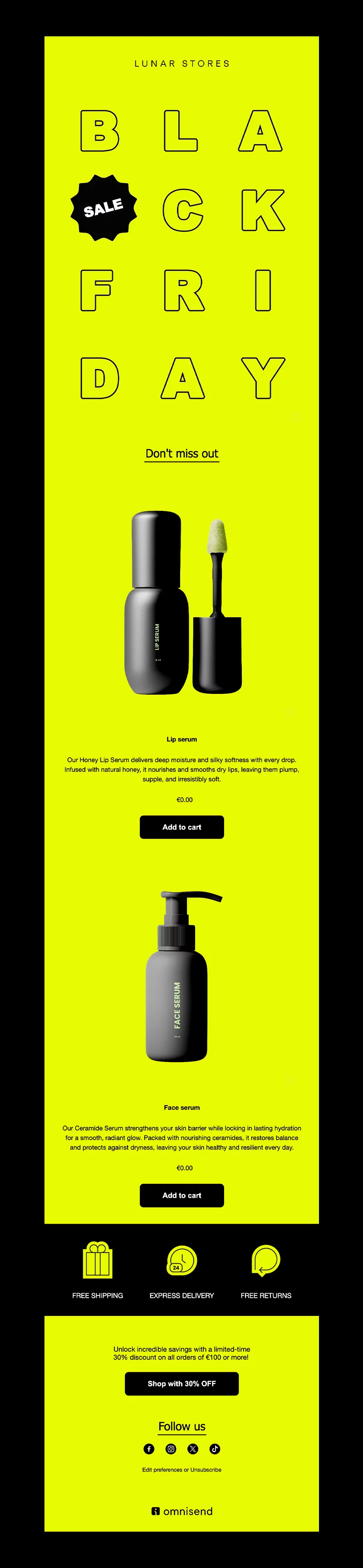 Black Friday email template with neon yellow background, bold vertical Black Friday text, featured skincare products, and limited-time 30% discount offer.