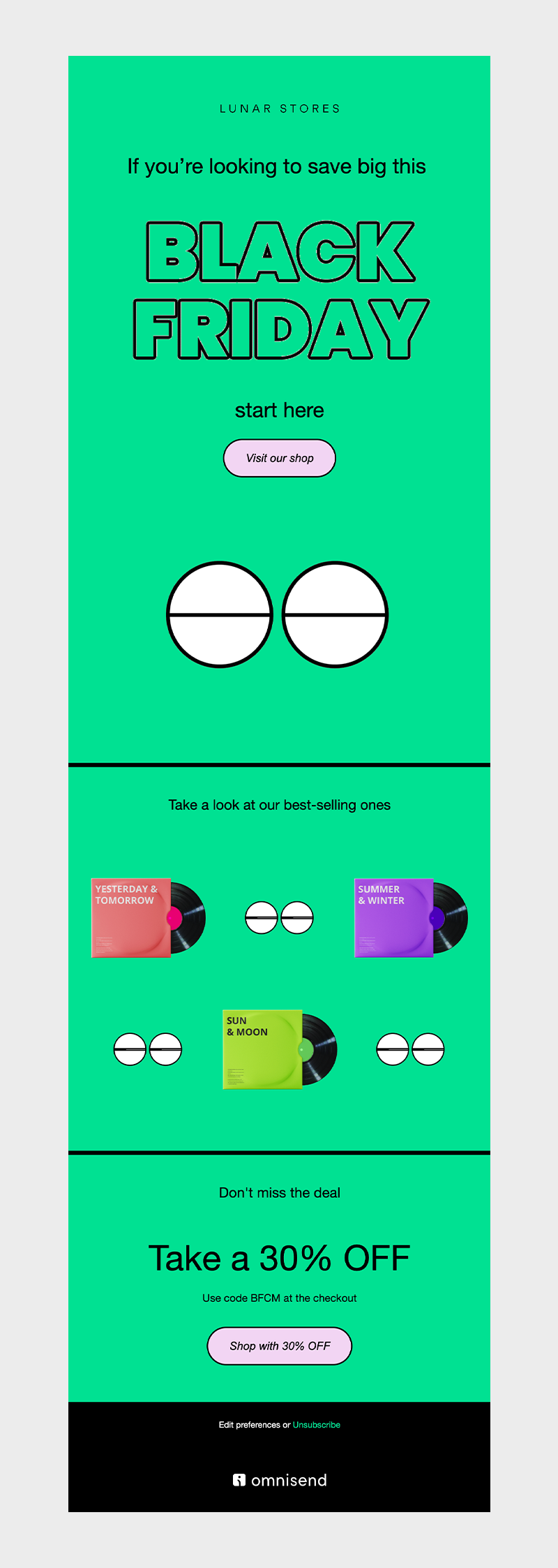 Black Friday email template with bright green background, bold headline 'Save Big This Black Friday', featured products on vinyl records, and a 30% off discount with code BFCM.