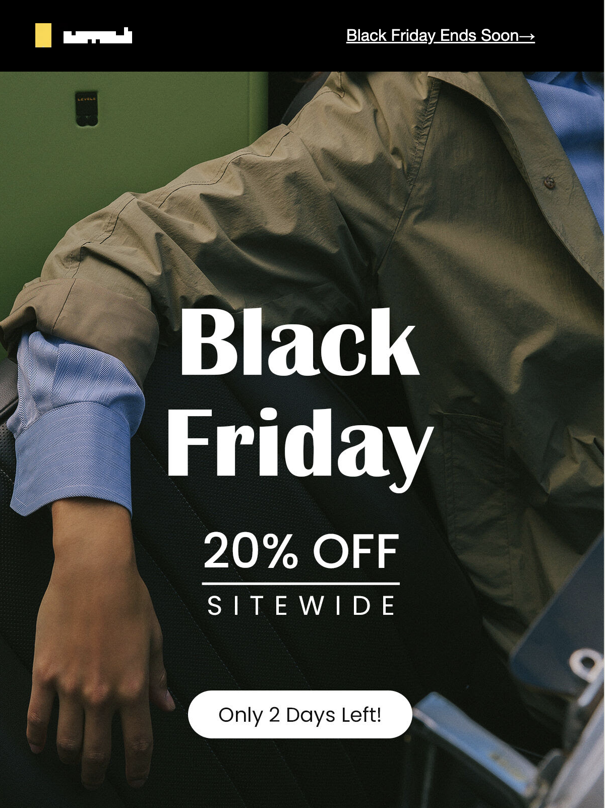 Black Friday sale banner showing a traveler with luggage and text announcing “20% off sitewide” with two days left.