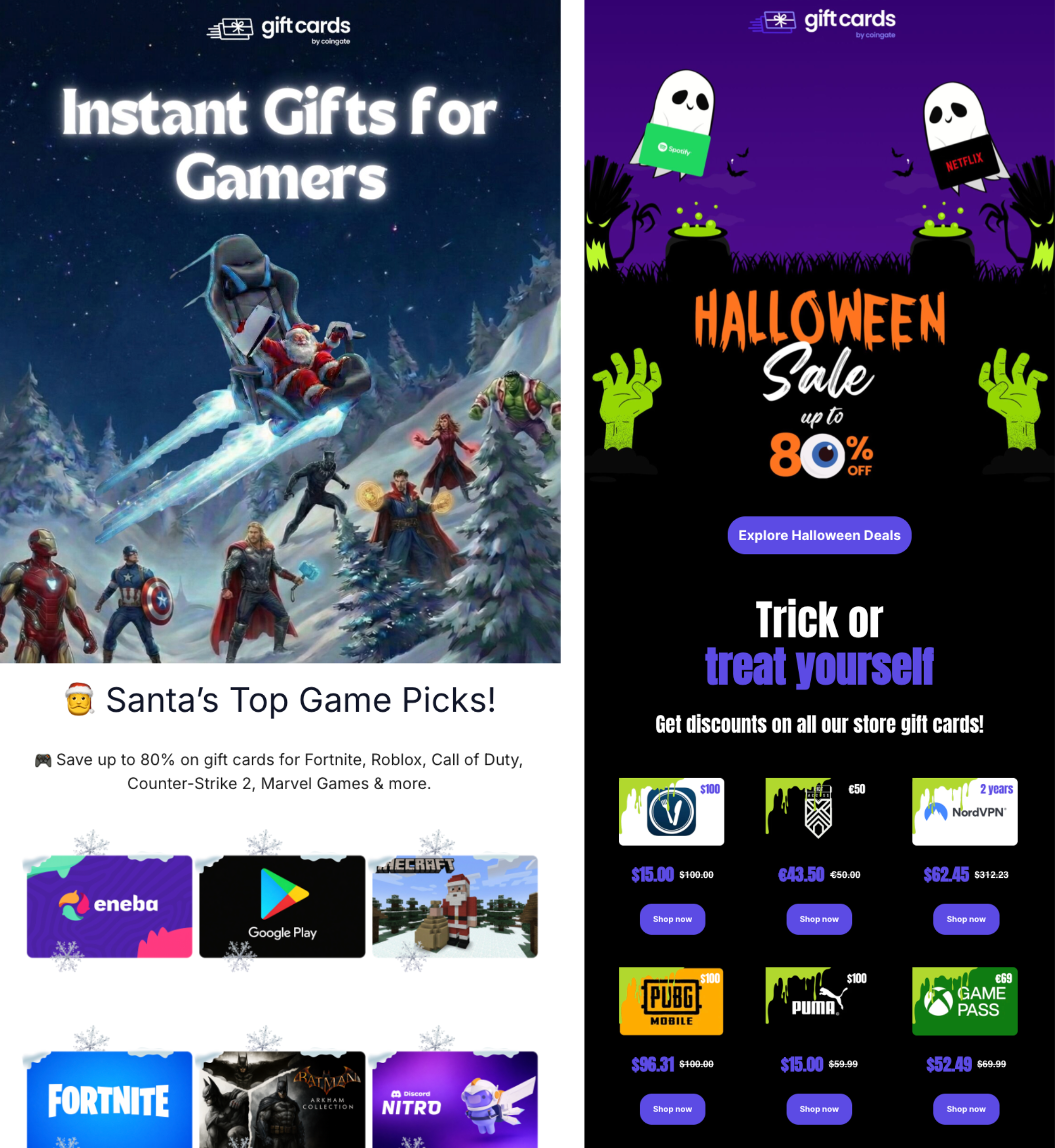 Two CoinGate Gift Cards email campaigns side by side: a Christmas "Instant Gifts for Gamers" design and a Halloween sale with up to 80% off store gift cards.