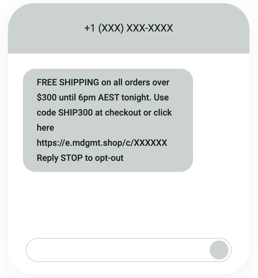 Screenshot of a Mudgee Meat SMS campaign offering free shipping on orders over $300