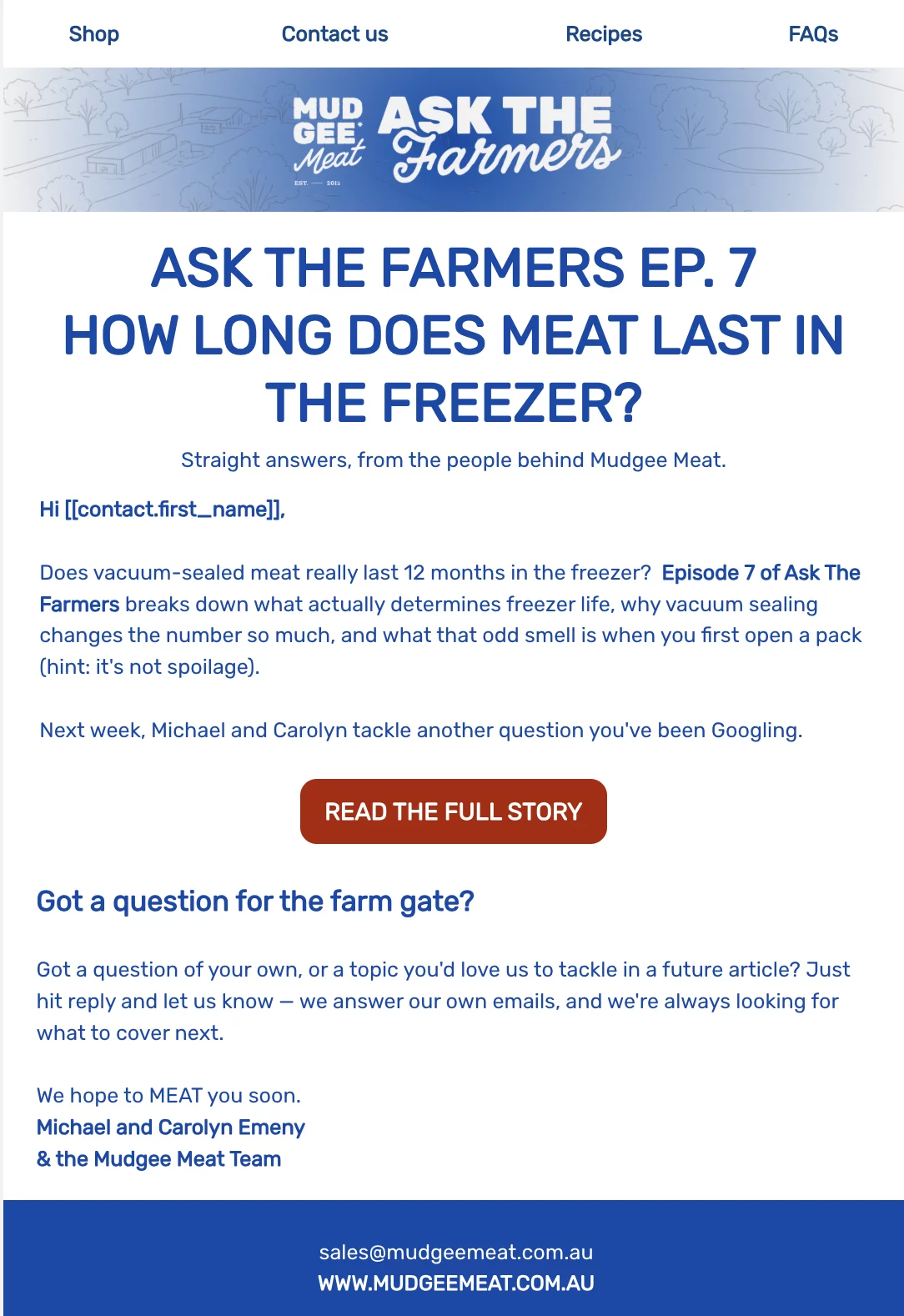 Screenshot of a Mudgee Meat "Ask the Farmers" email newsletter answering how long meat lasts in the freezer