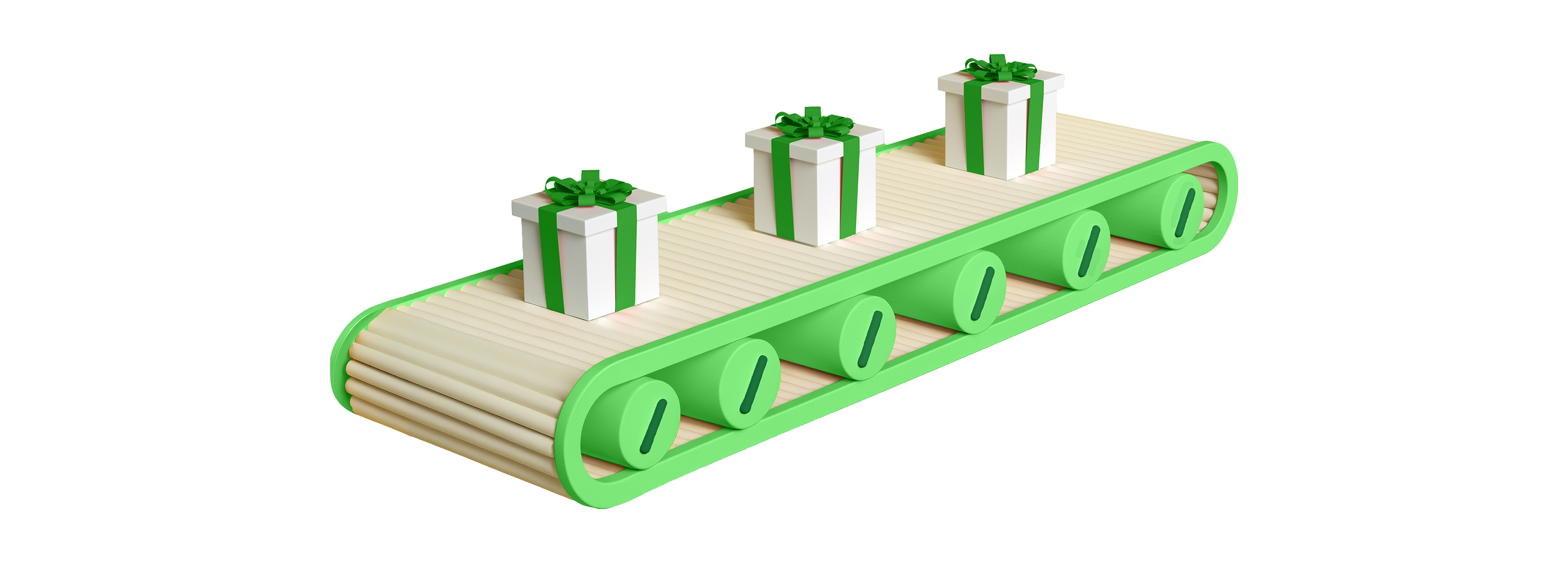 Holiday shopping 2026 gift boxes moving along a green conveyor belt