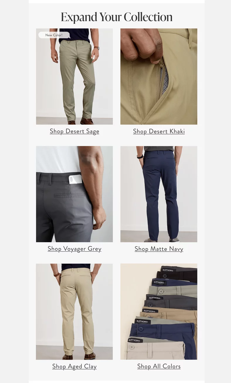 Email grid titled “Expand Your Collection” showing Bluffworks pants in six colors, each with a “Shop” link.